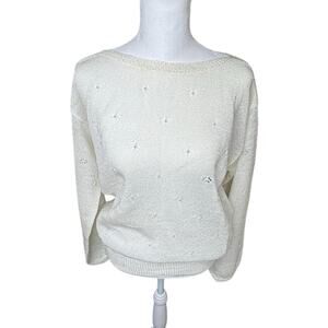 Vintage Rochelle Ivory Pearl Embellished Knit Sweater Size L